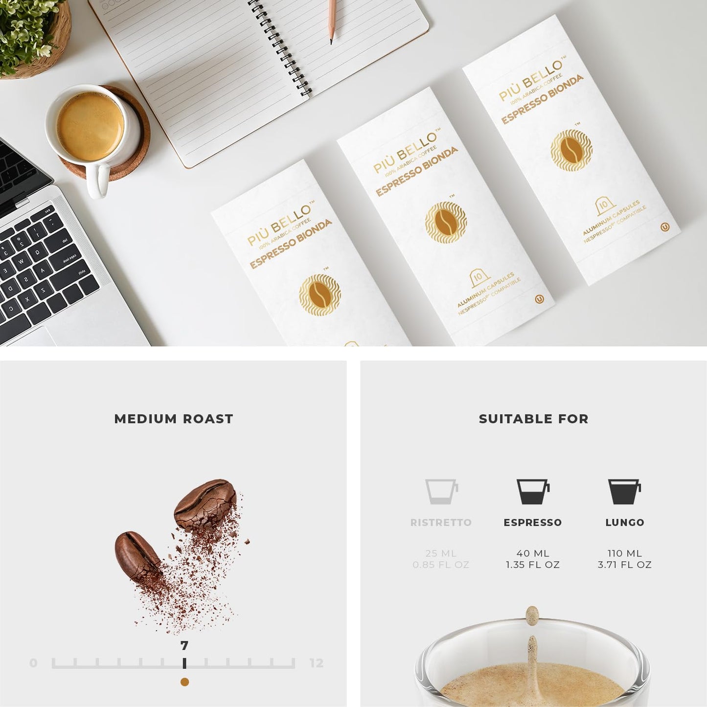 Piu Bello Coffee Pods - Nespresso Machine (Original) Compatible Capsules Pack - Rich & Balanced Taste - Strong Italian Espresso Flavored - Kosher Certified (120 Count Single Flavor) (Espresso Bionda)