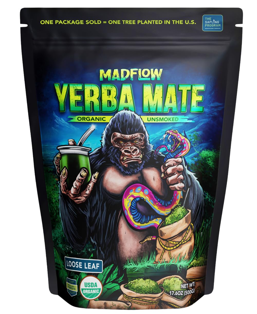 MADFLOW Unsmoked Organic Yerba Mate Loose Leaf 1.1 Lb. Mate Tea For Natural Energy, Focus and Flow. Resealable Packaging. For Brewing With Yerba Mate Cup or French Press.