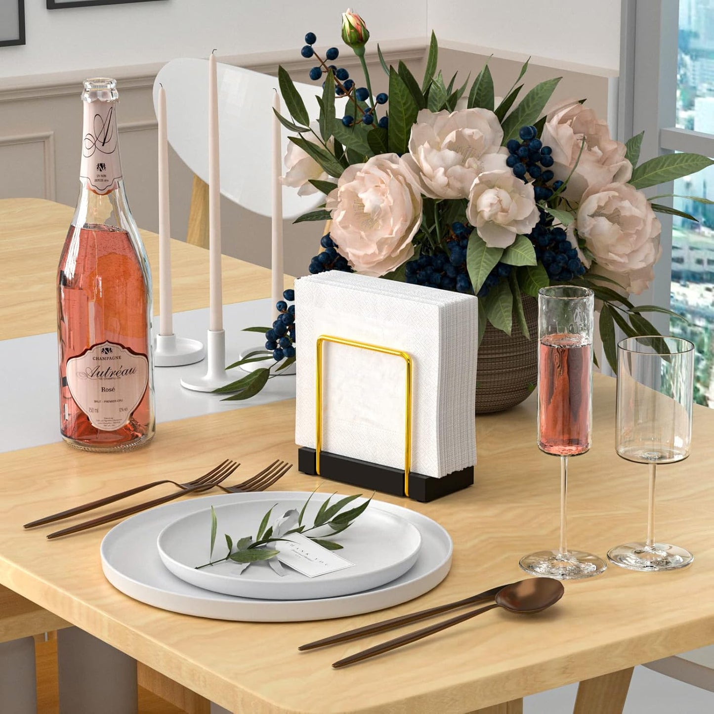 Napkin Holder for Table, Gold Kitchen Accessories for Dining Table Farmhouse Cocktail Picnic Rustic Bamboo Iron Wood Holders for Mail Bills Suitable for All Dining Room Decor Gold & Black