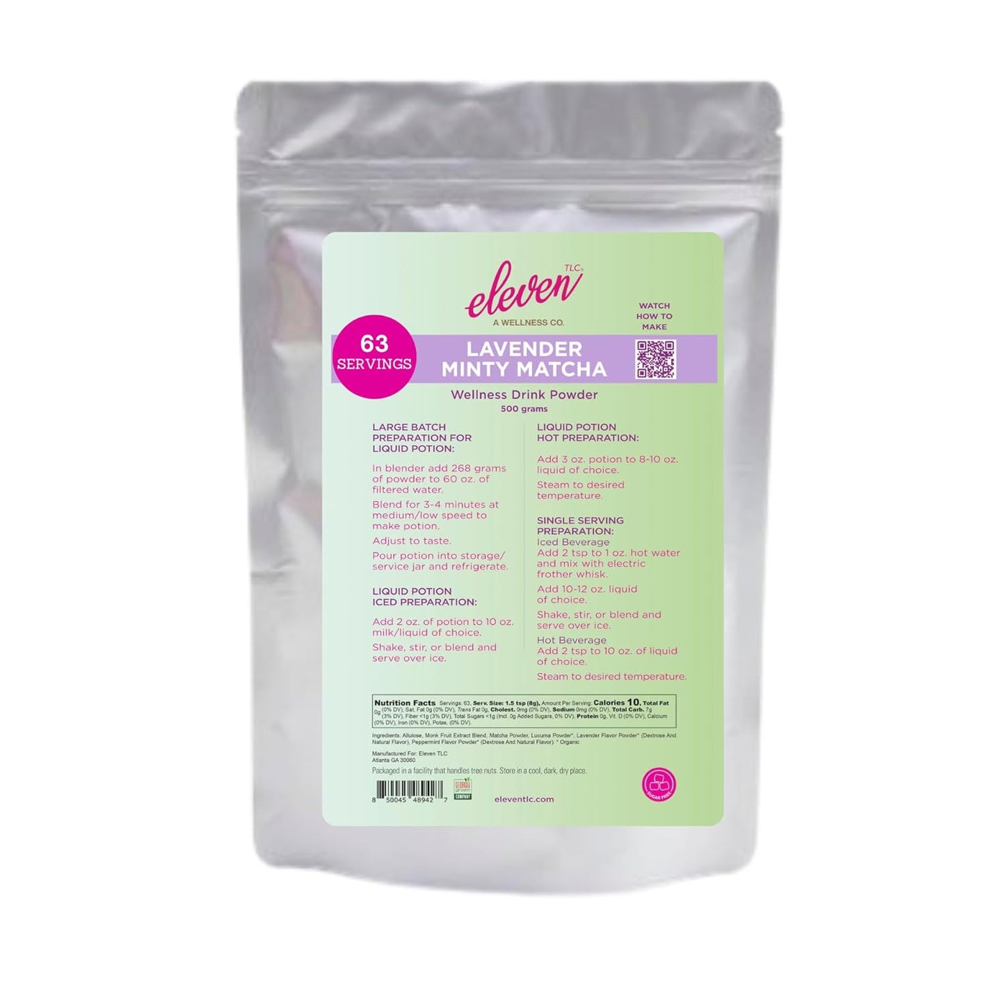 eleven TLC, Minty Lavender Japenese Matcha Powder Wellness Drink Mix, Lavender Matcha Latte Mix, Matcha Latte Powder, Calm Energy, L'theanine, Vegan, Gluten Free, Keto Friendly, 63 Servings