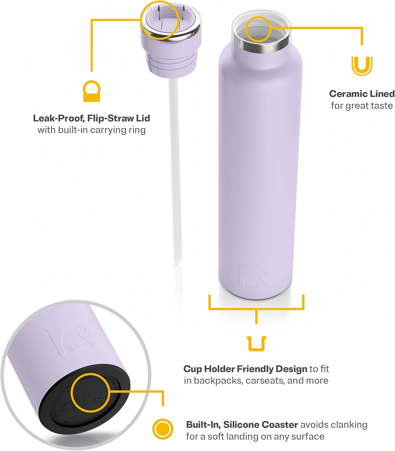 RTIC 26oz Journey Bottle Metal Stainless Steel Vacuum Insulated, BPA Free, Reusable, for Water, Hot and Cold Drinks, Travel, Sports, Camping, Dusty Lilac