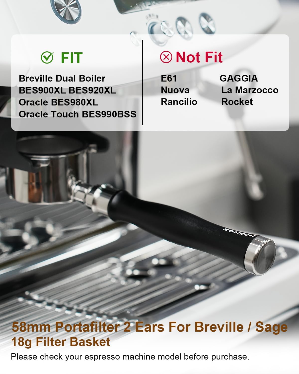 58mm Bottomless Portafilter For Breville, 2 Ears Slim Naked Portafilter Fits Breville Espresso Machines BES900XL, BES920XL, BES980XL, BES990BSS with Aluminum Handle, 18g Double Shot Filter Basket