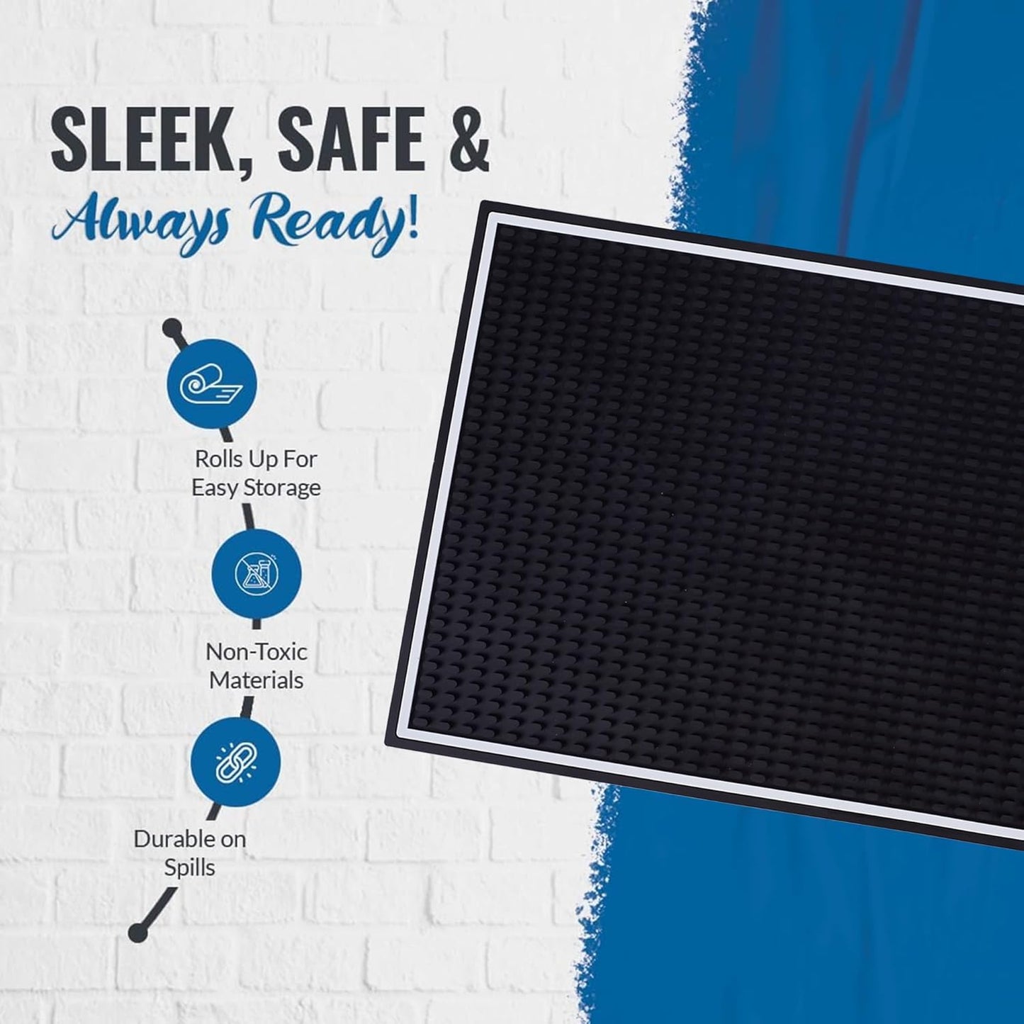 Premium Rubber Bar Mats for Countertop 18" x 12" White Edge Black Bar Mats for Bartending, Bar Service Mat, Home Bar, Coffee Mat Spill Matt (1 Piece)