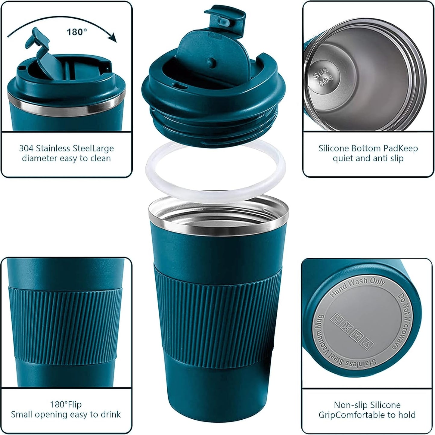YINBAOGE Insulated Travel Coffee Mug Spill Proof Leak Proof Pobtable To Go Camping Stainless Steel Coffee Tumbler Reusable Coffee Cups with Lids Thermos for Hot and Cold Drink (Blue, 12 OZ)