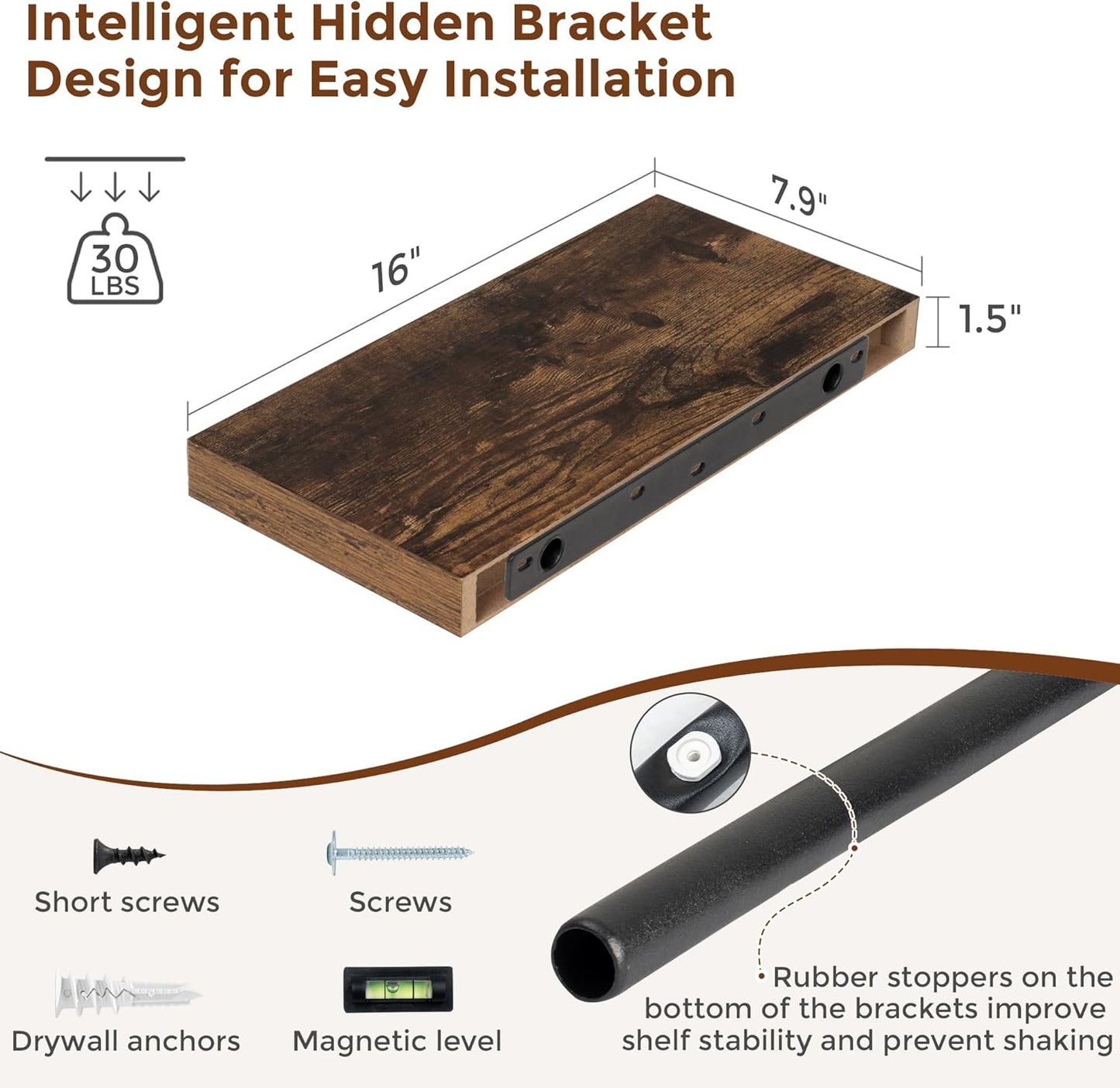 Heimlove 16 Inch Floating Shelves for Wall Rustic Brown Shelves Set of 2,Wall Mounted Rustic Wood 8 Inch Deep Floating Shelf with Invisible Brackets for Bedroom Kitchen Living Room