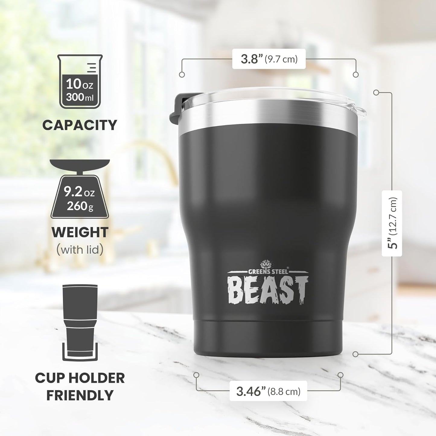 Beast 10 oz Tumbler Stainless Steel Vacuum Insulated Coffee Ice Cup Double Wall Travel Flask (Matte Black)