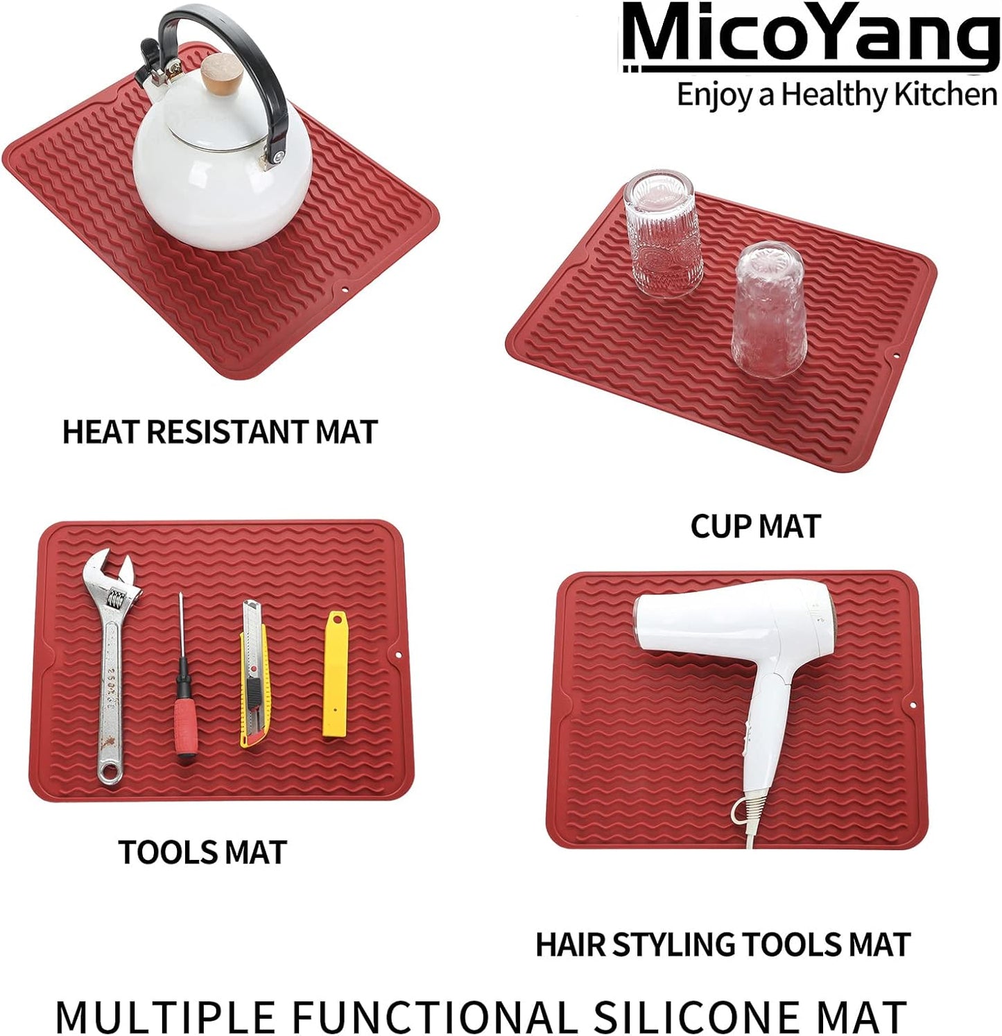 Silicone Dish Drying Mat for Multiple Usage,Easy clean,Eco-friendly,Heat-resistant Silicone Mat for Kitchen Counter or Sink,Refrigerator or drawer liner Red L 16 inches x 12 inches