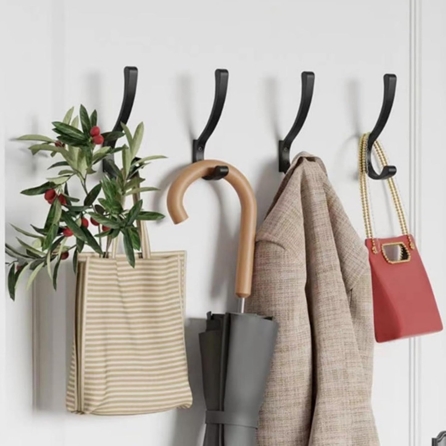 4 Pack Hanging Coat Hooks Wall Mount, Coat Hanger Wall Hangers, Metal Hooks for Hanging Heavy Duty, Screw in Hooks for Hanging Towels, Clothes, Backpack, Hat, Bag, Jacket, Key, Robe, Backpack Black