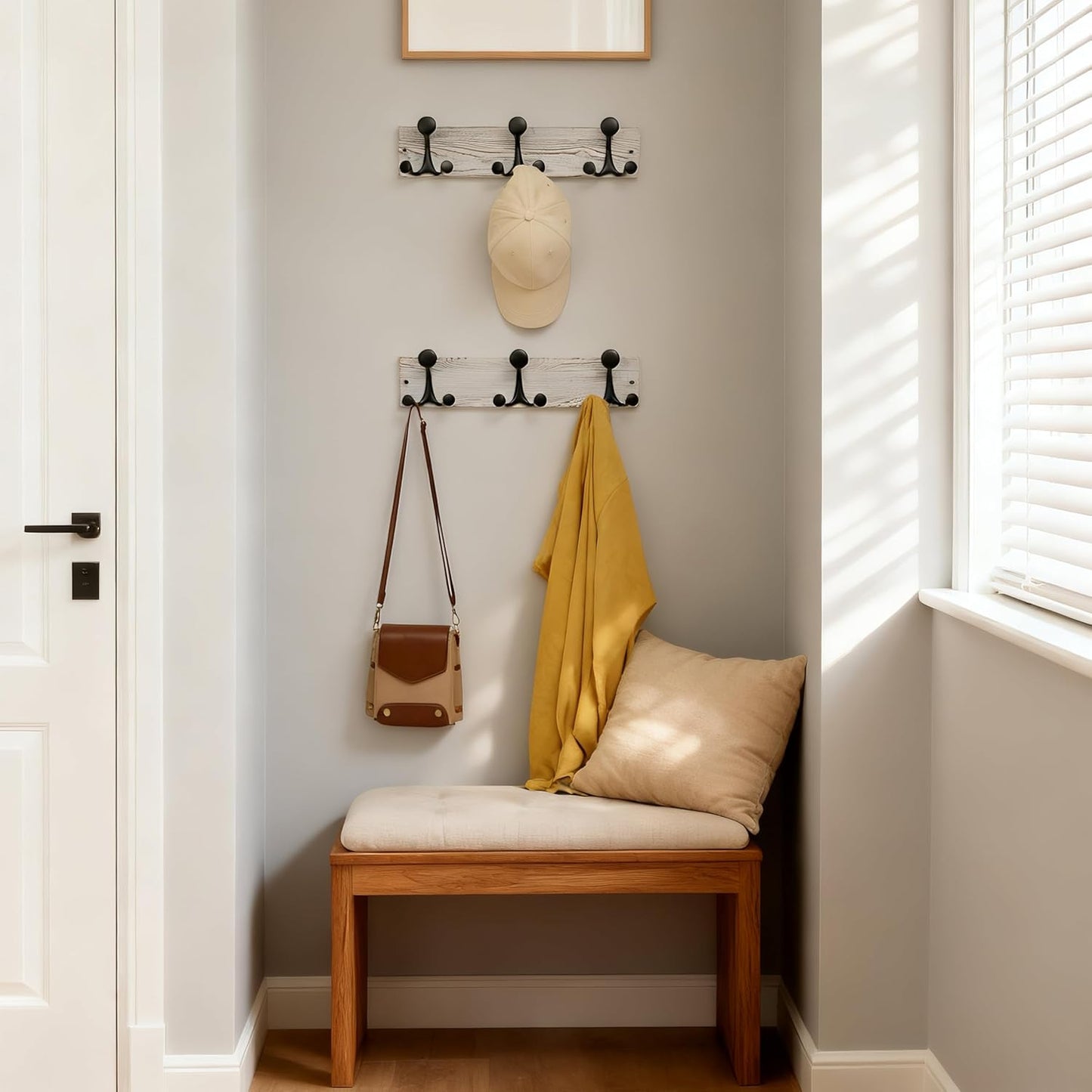 SKOLOO 17-Inch Wood Coat Rack Wall Mount with 3 Triple Hooks - Ideal for Family Entrances, Classrooms, and Pet Supplies Storage - Perfect Coat Hooks for Wall,Distressed White Wash