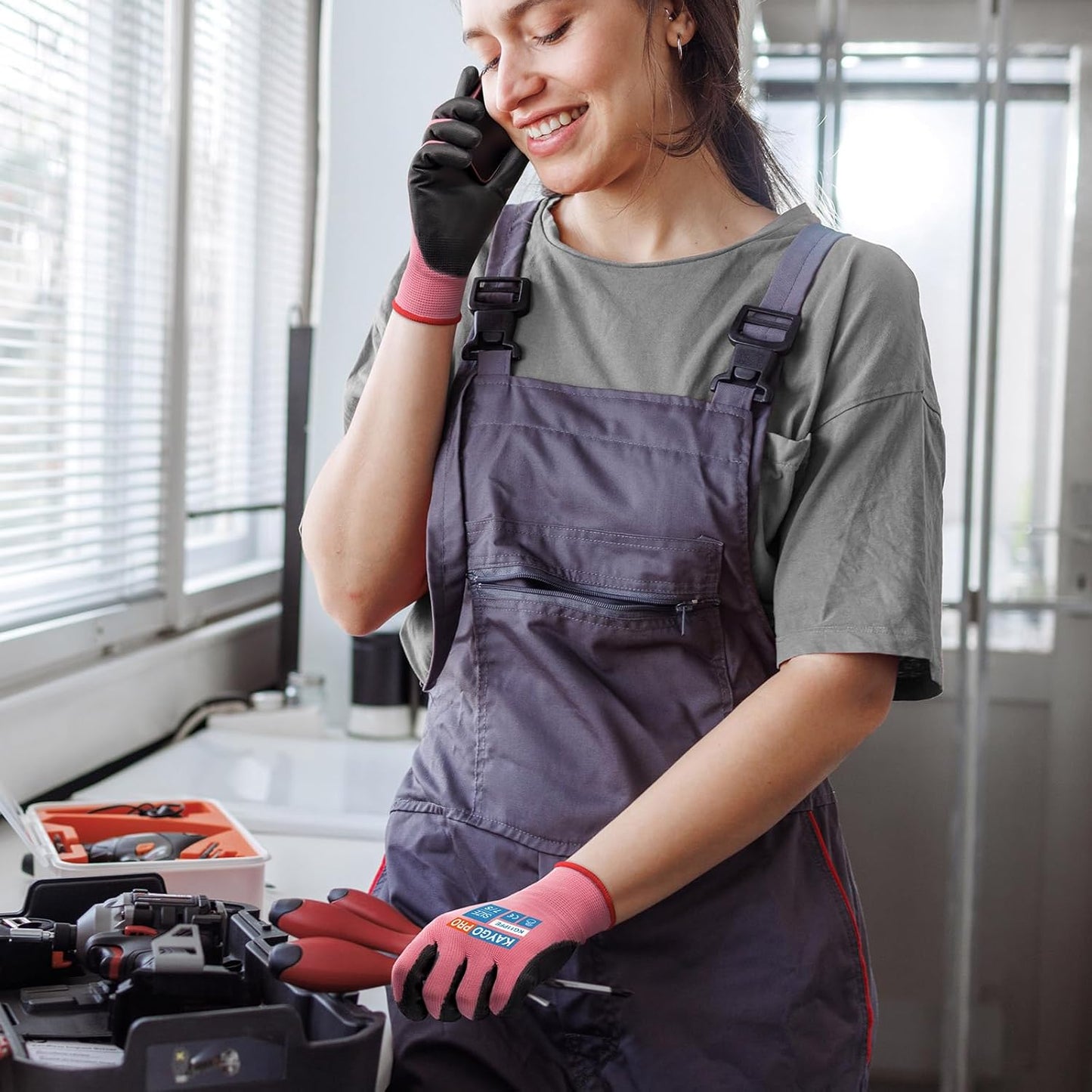 KAYGO Safety Work Gloves PU Coated for Men and Women- KG11PB,12 Pairs,Seamless Knit Glove with Two Fingers Touchscreen,Ideal for General Duty Work (Small,Pink)