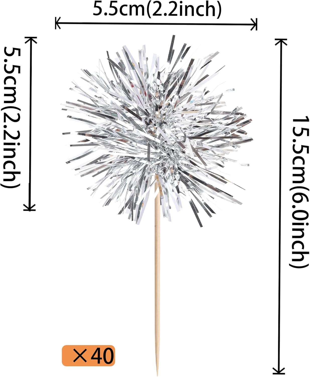 40 PCS Foil Firework Cupcake Toppers Fireworks Cupcake Picks Sparkle Tinsel Cake Decorations Cocktail Fruit Toothpick for Firework Theme Birthday Wedding Graduation Party Decorations Supplies Silver