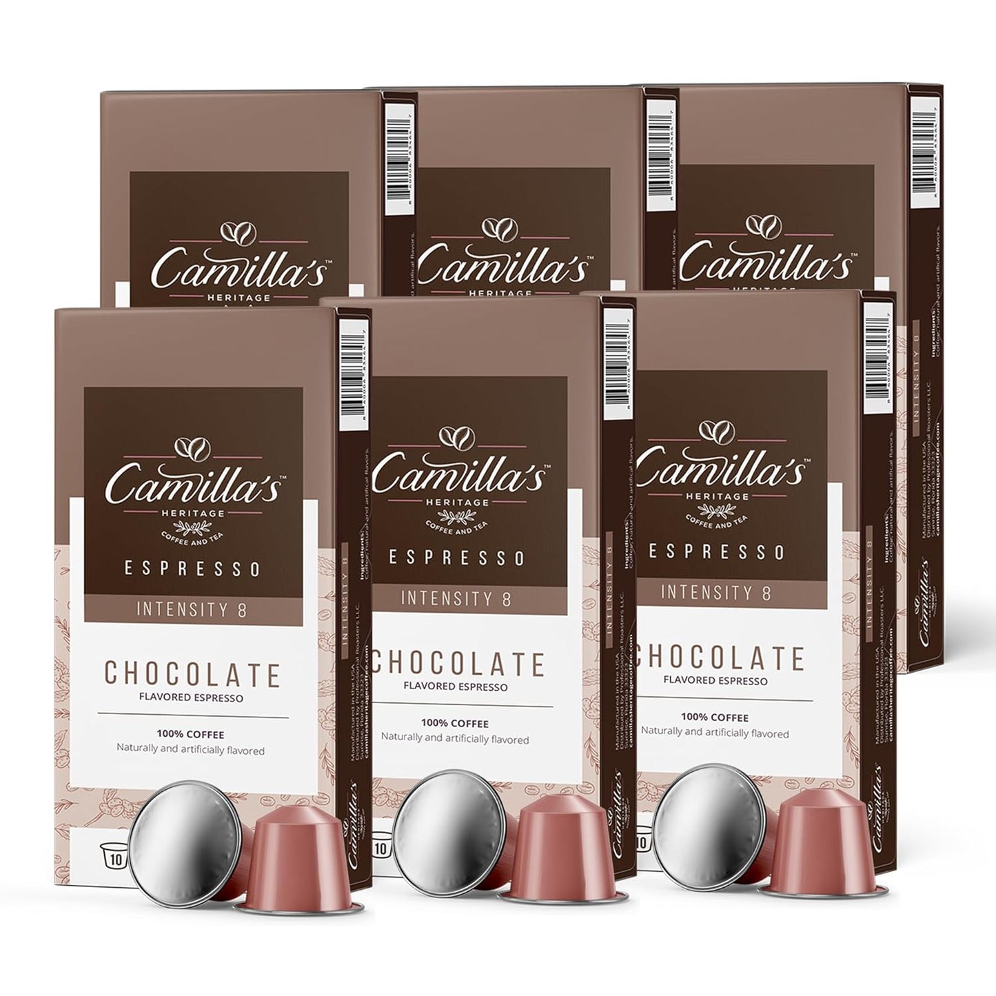 Camilla’s Heritage - Intensity 8 Chocolate Flavored Espresso Coffee, Gourmet Espresso Cups, 60 Coffee Pods