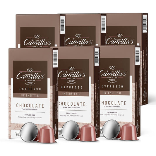 Camilla’s Heritage - Intensity 8 Chocolate Flavored Espresso Coffee, Gourmet Espresso Cups, 60 Coffee Pods