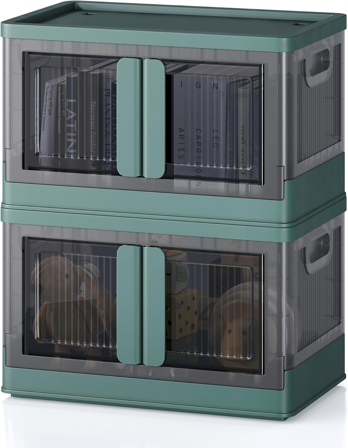 8.4Gal Collapsible Storage Bins with Lids & Wheels - 2 Pack Stackable with Doors, Heavy-Duty Plastic Containers for Home/Office, Green