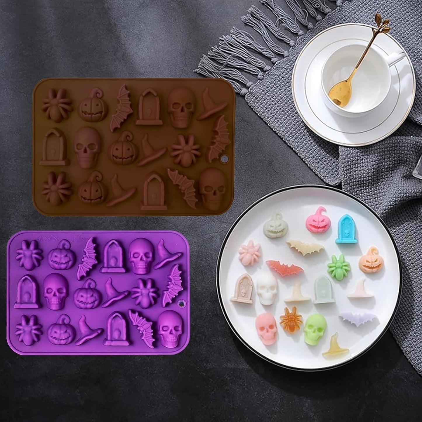 Halloween Chocolate Mold Silicone,18 Cavity Candy Gummy Mold with Pumpkin Wizard Hat Bat Spider Tombstone for Baking Chocolate Jelly Gummy Dessert (2pcs)