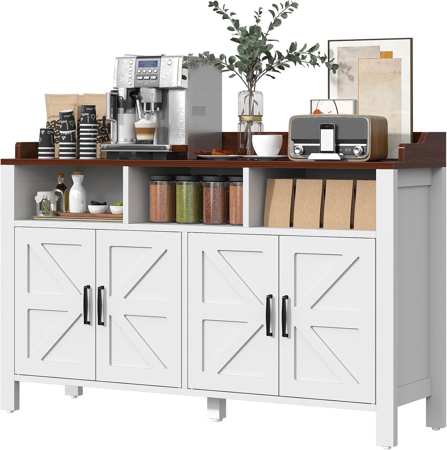 Buffet Cabinet with Storage Farmhouse with 4 Doors and 3 Open Compartments, 55'' Large Kitchen Storage Cabinet White Wood Coffee Bar Buffet Sideboard for Kitchen, Dining Room, Living Room