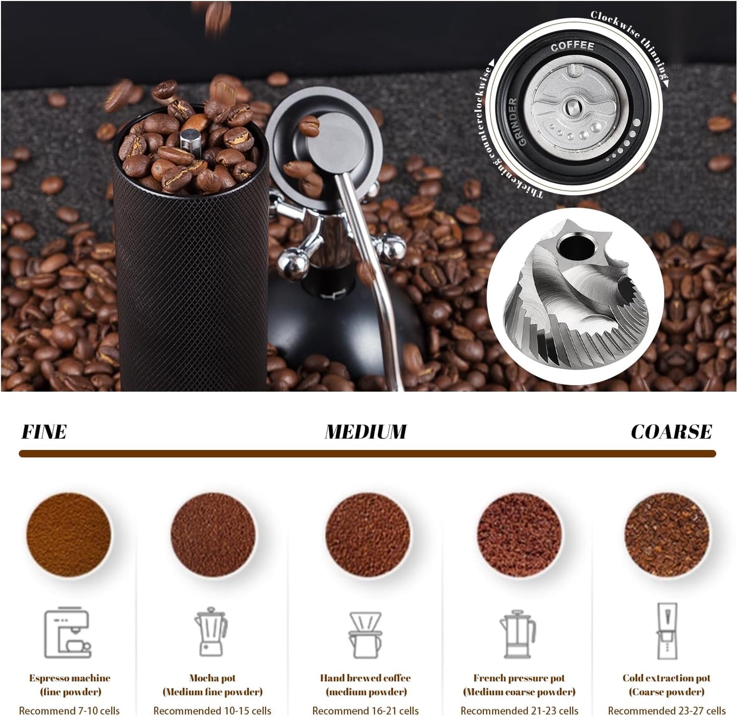 Manual Coffee Grinder Capacity 25 Grams, Stainless Steel Burrs - Wooden Handle, Burr Coffee Grinder for Home, Office, Camping, Hiking (Grey)