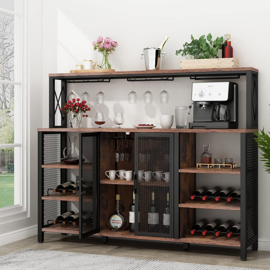 Bar Cabinet, 55 Inches Kitchen Sideboard Buffet Cabinet with Wine Rack Storage, Industry Coffee Bar Cabinet with Wine Rack and Glass Holder for Liquor and Glasses (Rustic)