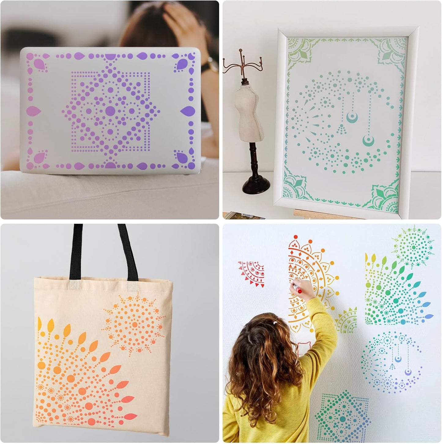 A4 Mandala 4 Pack 11x8'' Mandala Stencils for Painting on Wood, Floor, Wall, Tile Fabric, Reusable Furniture Stencils Painting Template