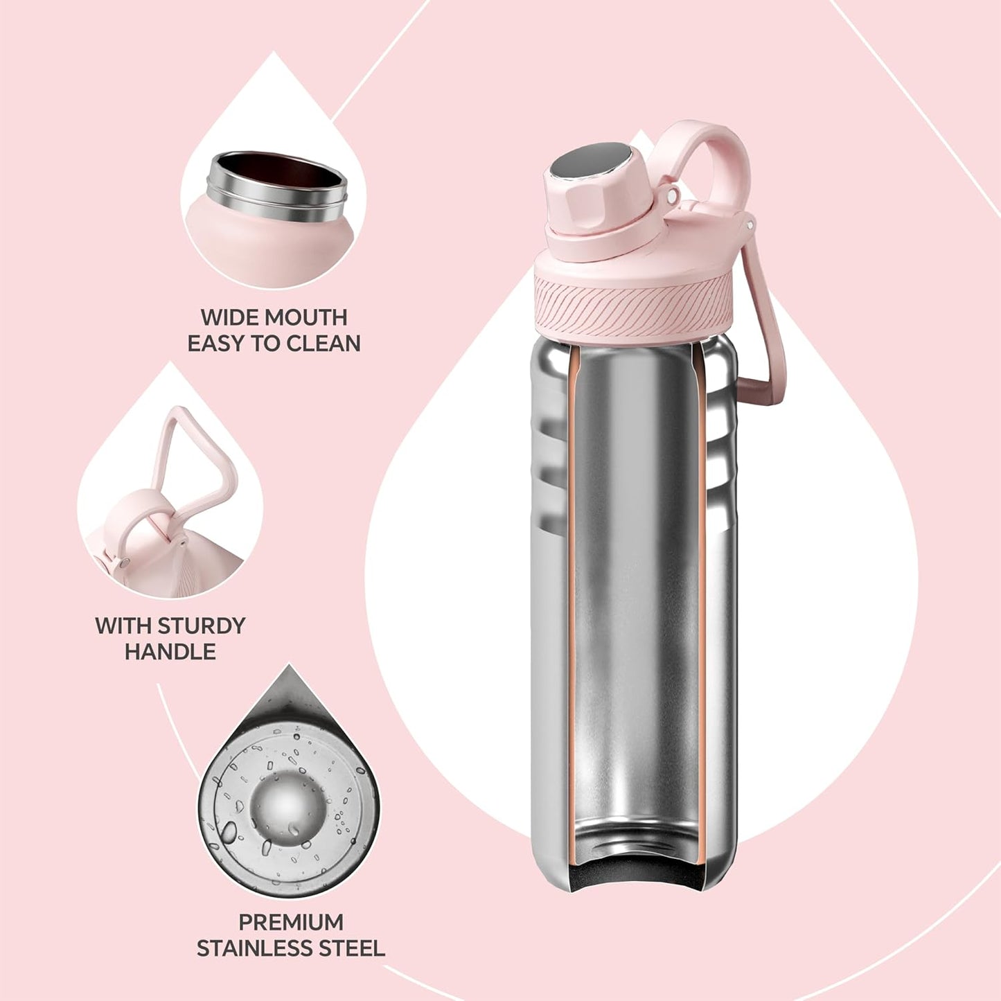 IDEUS Insulated Stainless Steel Water Bottle with 2 Leak-Proof Lids, Thermal Water Flask for Hiking Biking, 24oz, Light Pink
