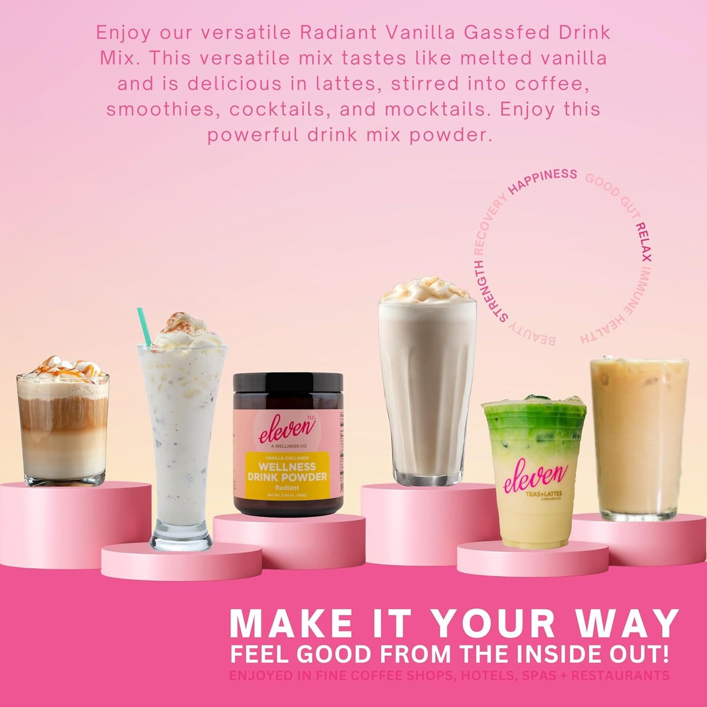 Eleven TLC, Radiant Beauty Bovine Collagen Peptides Drink Mix, Ashwagandha, Hydrolyzed Collagen, Bee Pollen, Vanilla Protein Powder, Dairy Free, Superfood Lattes, Wellness Hydration Mix, 63 Servings