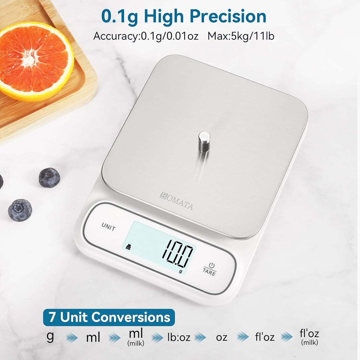 BOMATA Waterproof IPX6 Kitchen Scale, 0.1 g/0.01 oz High Precision, 5 kg/11 lbs, Digital Scale with Backlight, Stainless Steel Weighing Platform, for Food, Cooking, Baking, Weight Loss.. B619, White