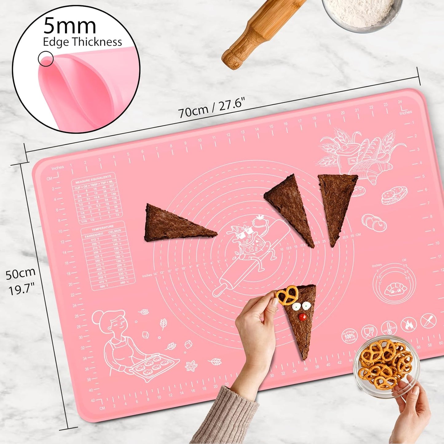 Silicone Pastry Mat 28" x 20" Extra Thick Non Stick Baking Mat with Measurements and Edge Heightening, Food Grade Silicone Rolling Mat for Pastry, Bread, Cookies, Pizza, Fondant, Pasta - Pink