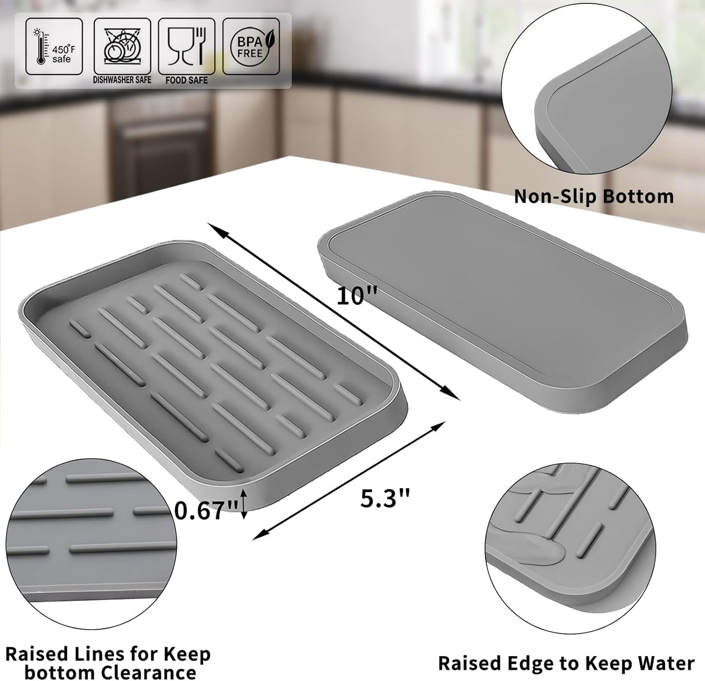 Silicone Kitchen Sink Organizer Tray for Multiple Usage,Eco-Friendly Sponges Holder for Kitchen Bathroom Counter or Sink,Dish Soap Dispenser,Scrubber,Bottle,Cup (Grey, 10"×5.3")