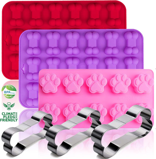 Silicone Molds Puppy Dog Paw and Bone Molds for Baking,Chocolate Molds,Silicone Dog Treat Mold - 6 Pack