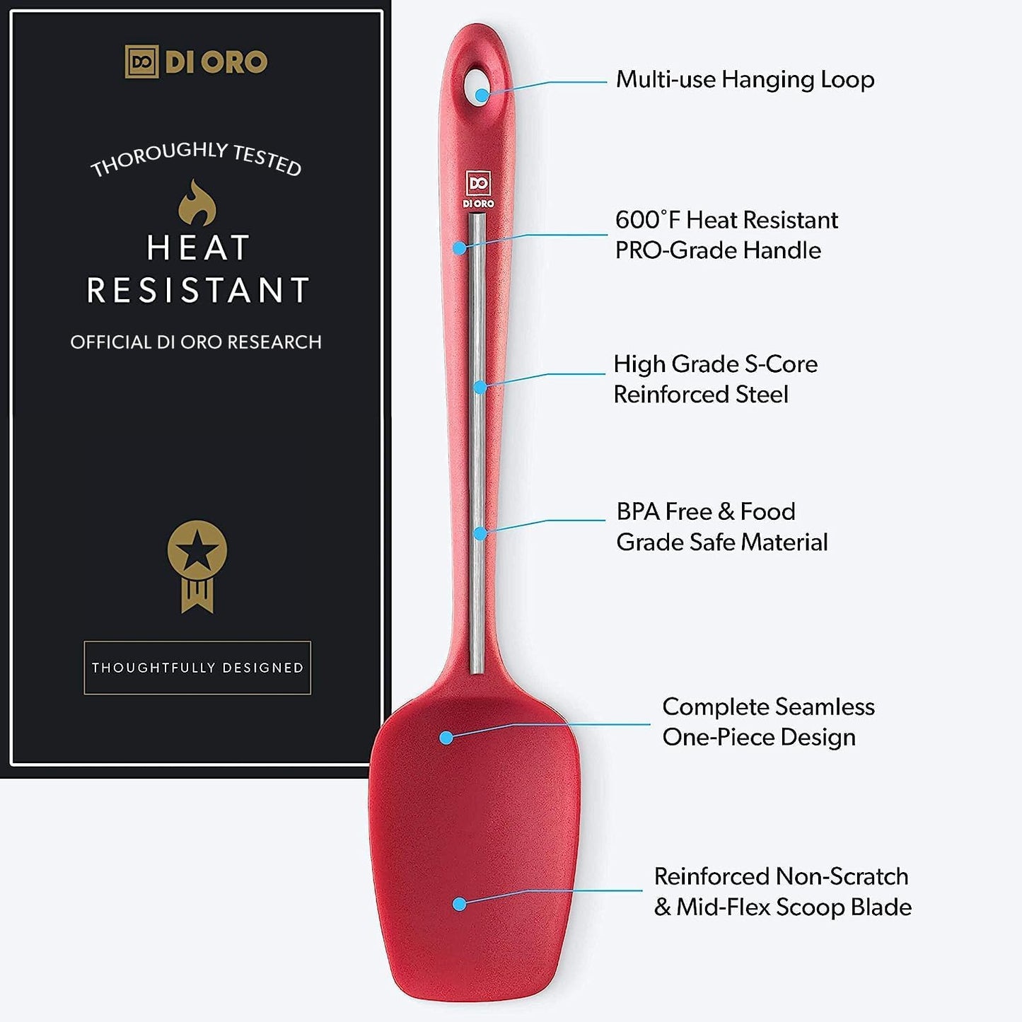 DI ORO Silicone Spoon Spatula - 600°F Heat-Resistant Large Silicone Spoonula Scraper - BPA Free Nonstick Cookware Safe Rubber Kitchen Utensil for Baking, Cooking, & Mixing - Dishwasher Safe (Red)