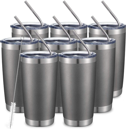 COMOOO 20oz/8Pack Tumbler Double Wall Vacuum Insulated Coffee Travel Mug Stainless Steel Tumbler with Lid and Straw Coffee Cup for Cold & Hot Drinks, Home and Outdoor (Cold Grey, 8 Pack)