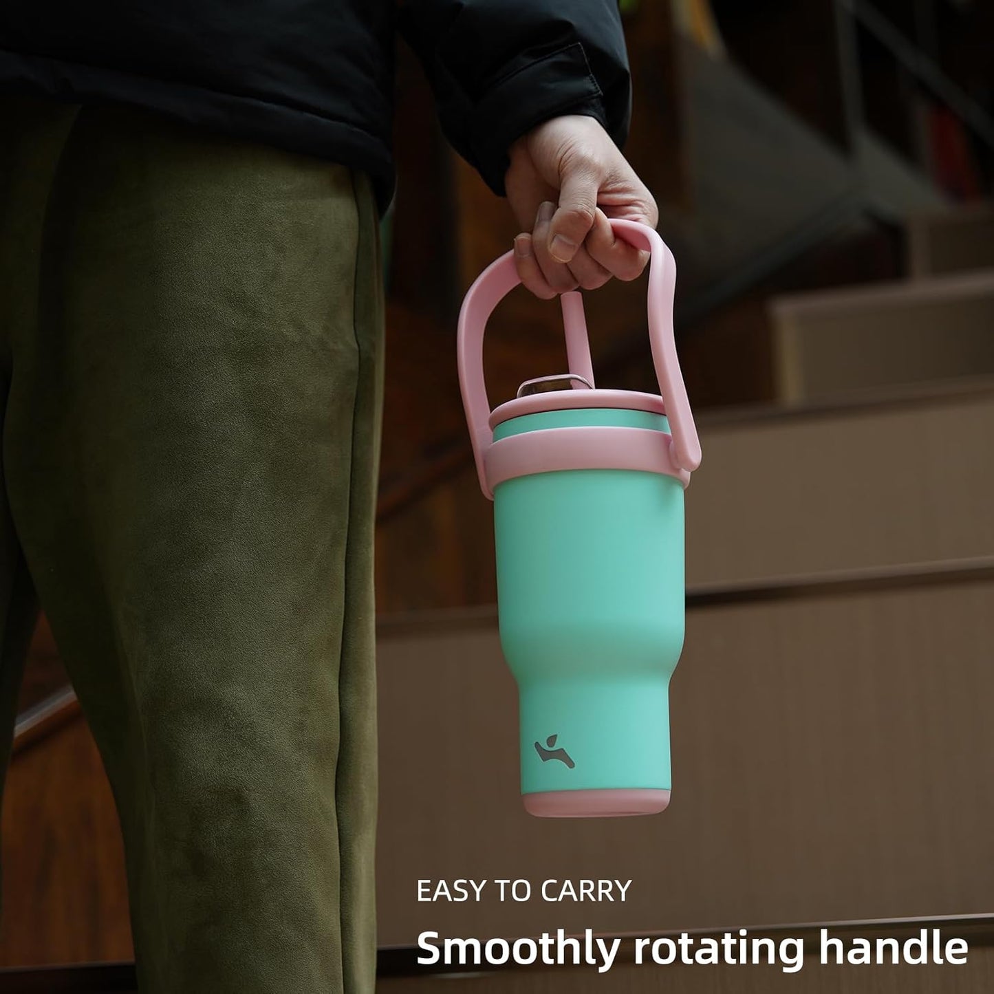 40 oz Tumbler with Side Handle, Insulated Water Bottle with Straw and 2 in 1 Lid, Stainless Steel Cup Travel Coffee Mug for Sports Office Gym,Rose Pink