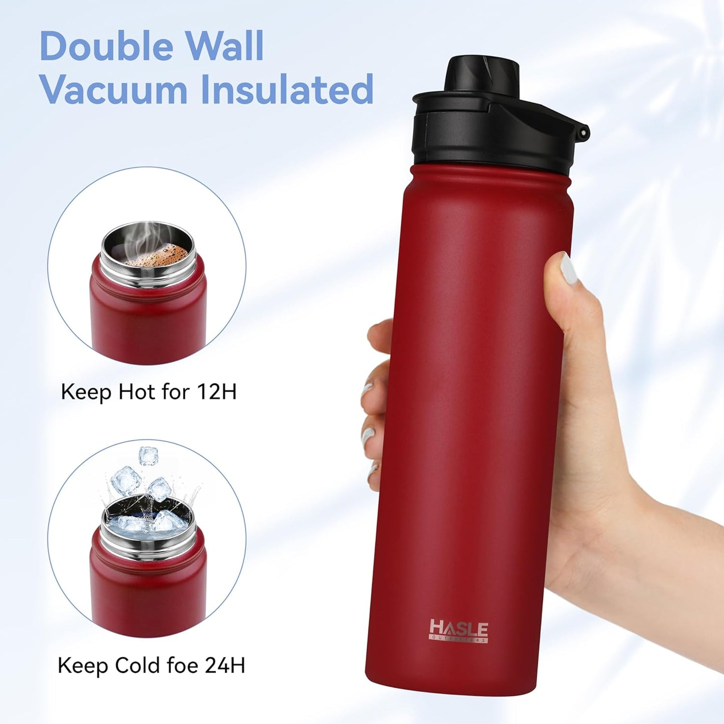 HASLE OUTFITTERS Insulated Water Bottle 22 oz Double Wall Stainless Steel Water Bottle Wide Mouth with Straw Lid & Spout Lid Keeps Cold or Hot(Red,4)