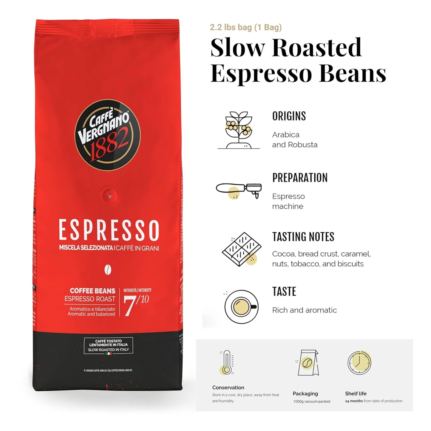 Caffe Vergnano 1882 Espresso Whole Bean Arabica Roast Coffee, 2.2 lb bag - Italian Medium Roast Coffee Beans with notes of Chocolate, Nuts & Caramel, Intensity 7/10-1000g Bag