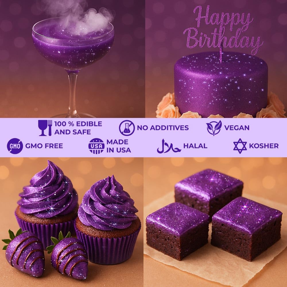 Bulk 20g Purple Edible Glitter for Drinks | Premium Edible Glitter for Cakes, Cocktails, Purple Cake Decorating Decorations Food Grade, Vegan, Kosher, Halal, Gluten Free - Made in USA