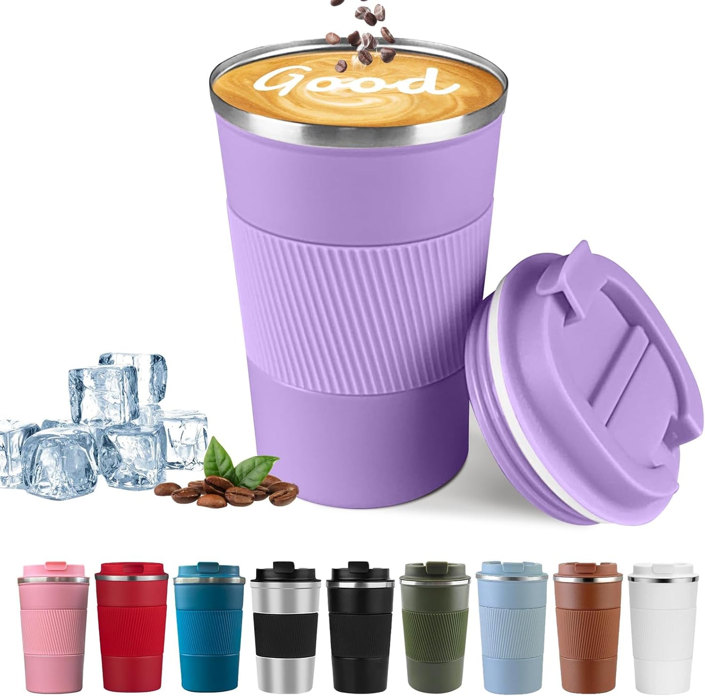 YINBAOGE Insulated Travel Coffee Mug Spill Proof Leak Proof Pobtable To Go Camping Stainless Steel Coffee Tumbler Reusable Coffee Cups with Lids Thermos for Hot and Cold Drink (Purple, 17 OZ)