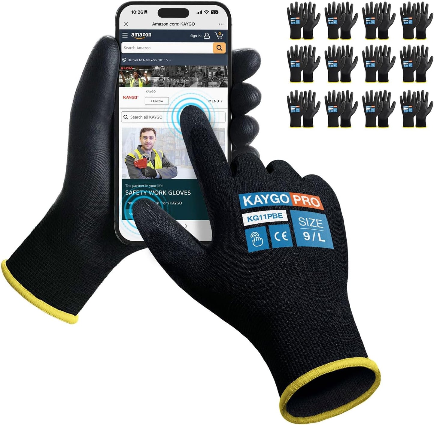 KAYGO Safety Work Gloves PU Coated for Men and Women, 12 Pairs KG11PB, Seamless Knit Glove with Two Fingers Touchscreen, breathable and lightweight Ideal for General Duty Work (Large,Black)