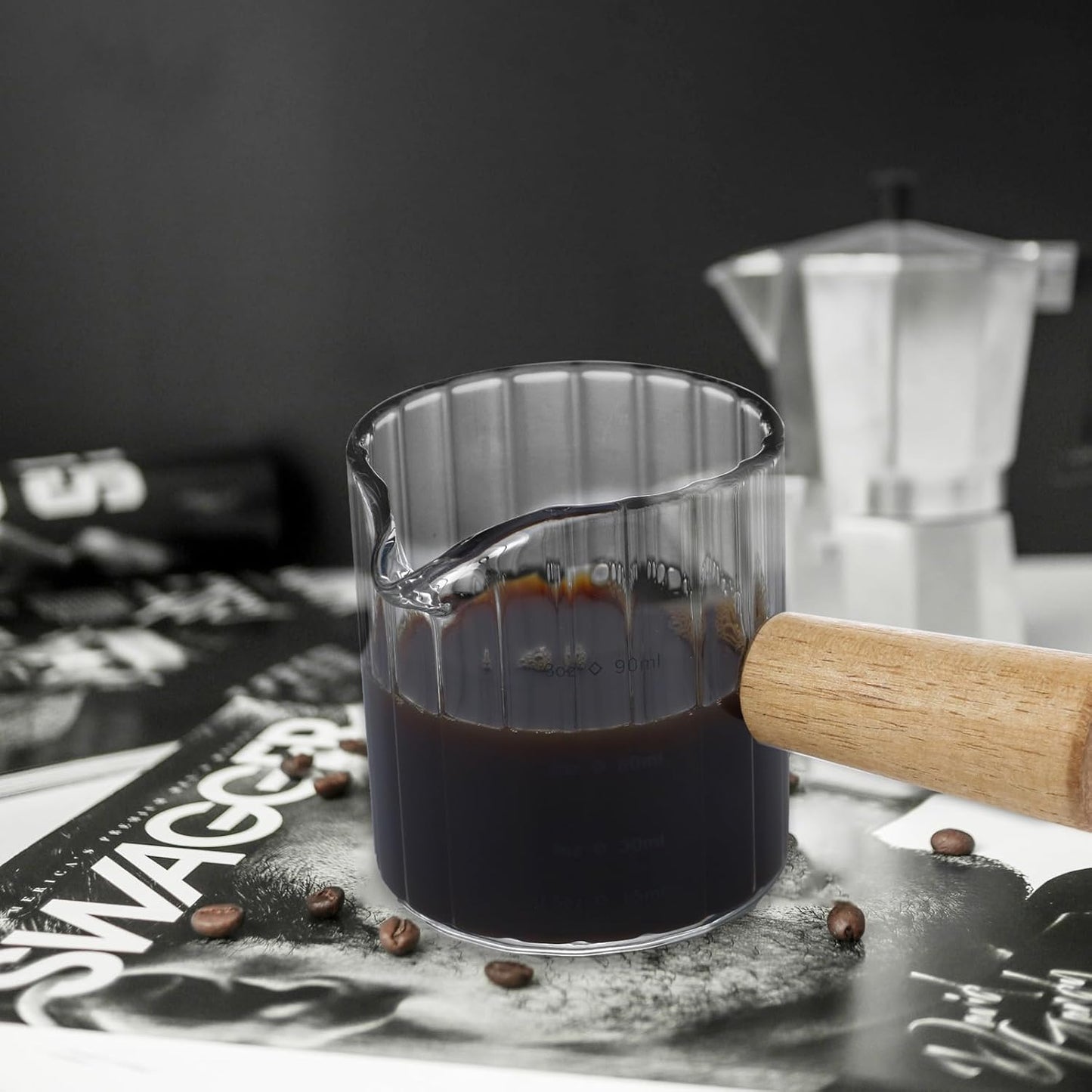 Espresso Measuring Cup 3 Oz, Espresso Glass Cups with Wood Handle, Milk Frothing Cup, Espresso Cup for Coffee, Milk, Tea or Maple Syrup Serving