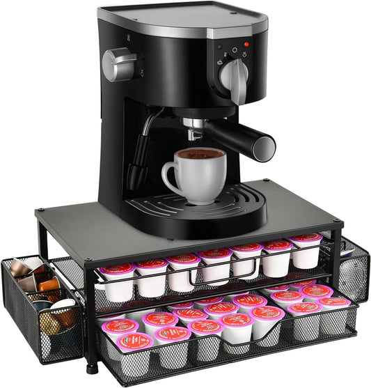 Spacrea K Cup Holder Organizer- Coffee Pod Holder for Counter with 2 Tier Sliding Storage Drawer, Coffee Station Bar Accessories Holder, 63 Large or 80 Small Capsules, Home Kitchen (Black)