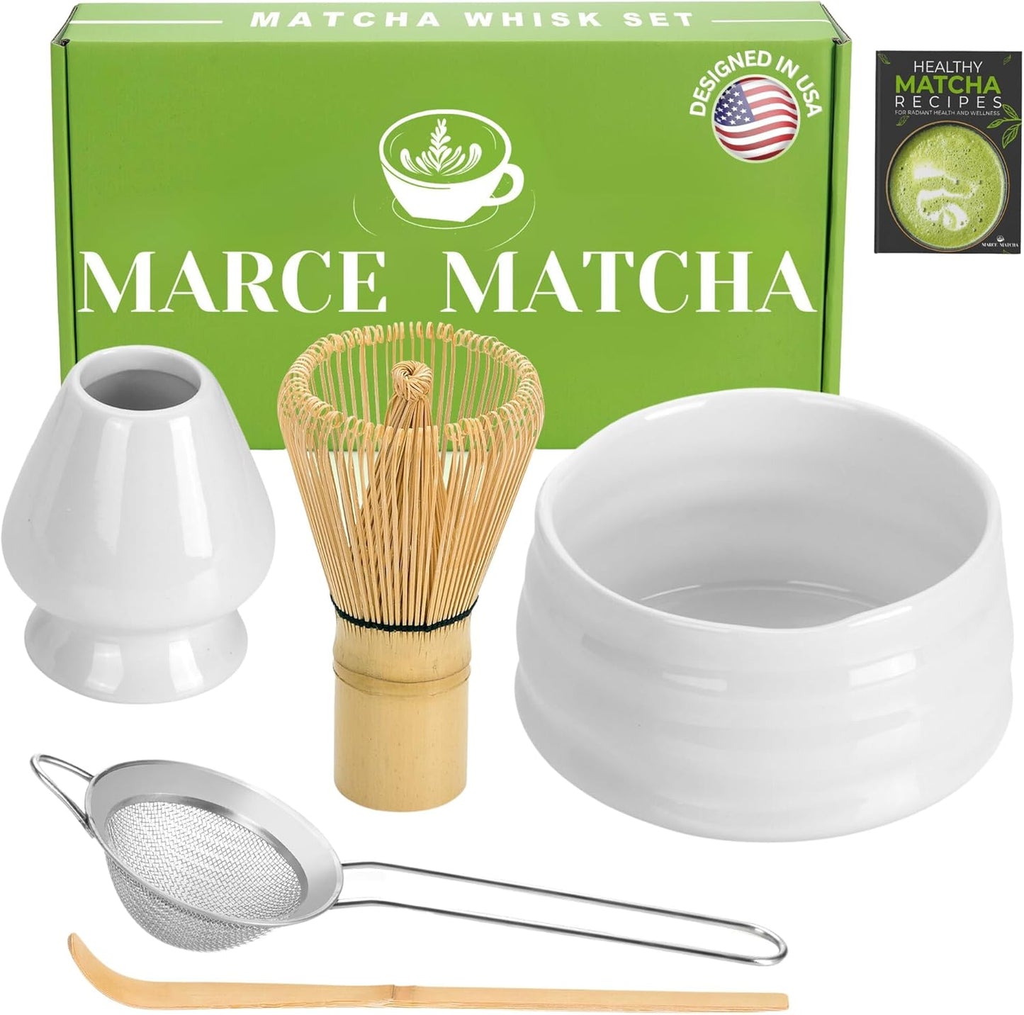 Marce Matcha Whisk Set- Matcha Set includes Matcha Bowl, Sifter, Holder and Scoop- The Perfect Bamboo Whisk for Matcha Tea (White)