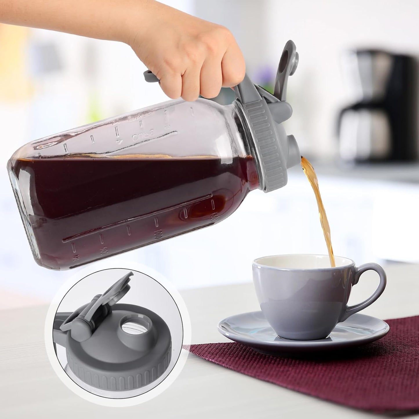 Cold Brew Mason Jar iced Coffee Maker, Durable Glass, - 64 oz (2 Quart / 1.9 Liter), With Handle& Stainless Steel Filter for Iced Brew Coffee, Lemonade, Ice Tea, Homemade Fruit Drinks Container