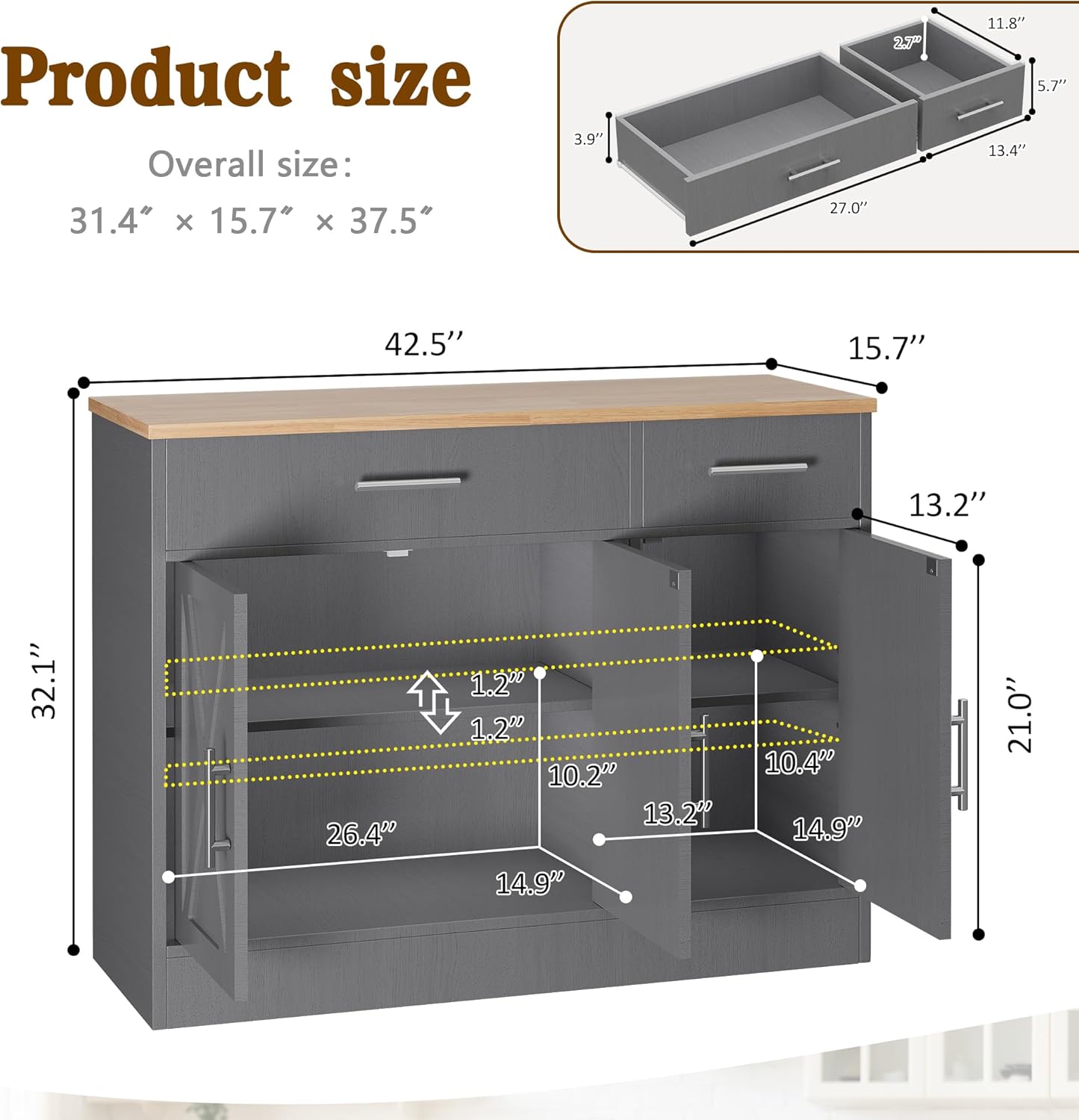Vongrasig Sideboard Buffet Cabinet with Storage, 43” Farmhouse Coffee Bar Storage Cabinet with Drawers and Shelves, Modern Buffet Table for Kitchen, Dining Room, Grey
