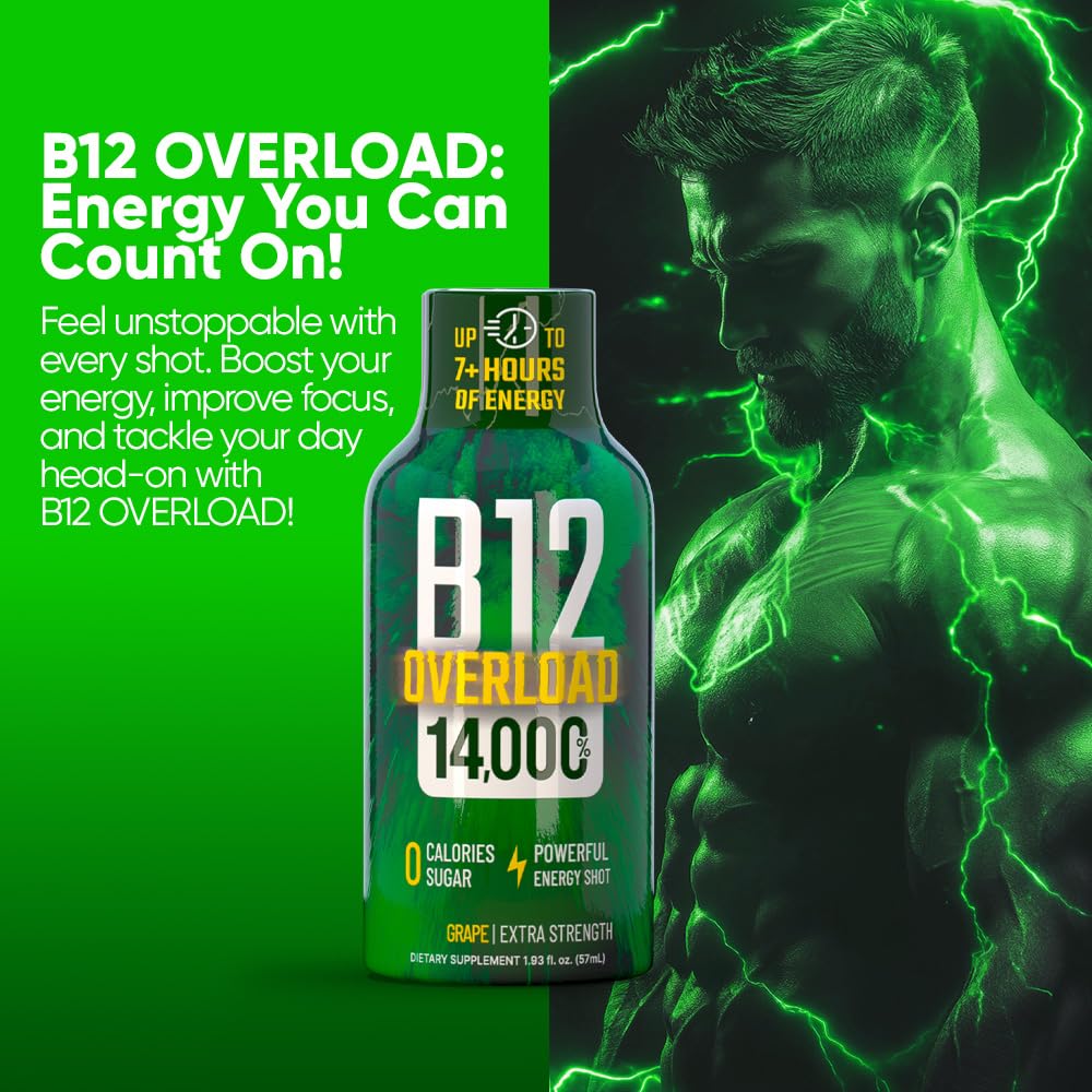 B12 Overload Extra Strength Energy Shot – Grape – 260mg Caffeine, 14000% B12, Electrolytes – Energy & Vitality Support – Zero Sugar No Calories – Vegan, Kosher, Gluten-Free – 1.93 fl oz, 24-Pack