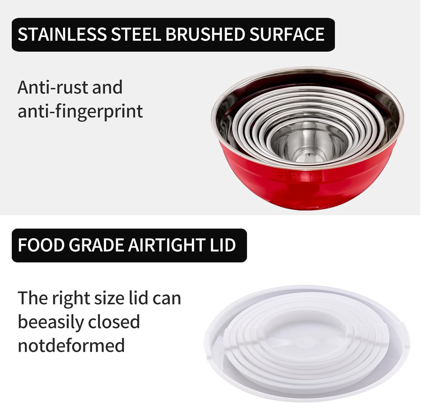 Red Mixing Bowls with Lids Set of 7, Stainless Steel Nesting Bowl with Khaki Lid for Non-slip Mixing Prepping Storing Serving, 7 Sizes-7/3.6/2.7/2.1/1.5/1/0.8 QT