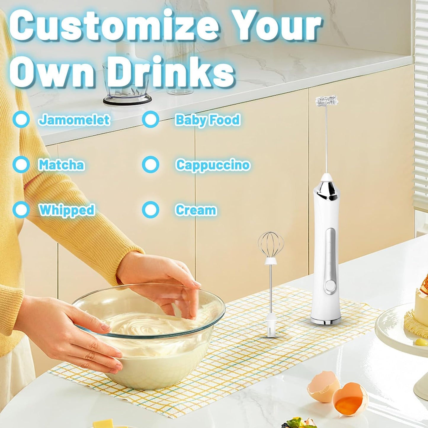 Tonjin Milk Frother with USB-C Rechargeable Wand & 2 Stainless Whisks, Upgraded 3 Speeds Electric Drink Mixer for Coffee, Egg, Matcha