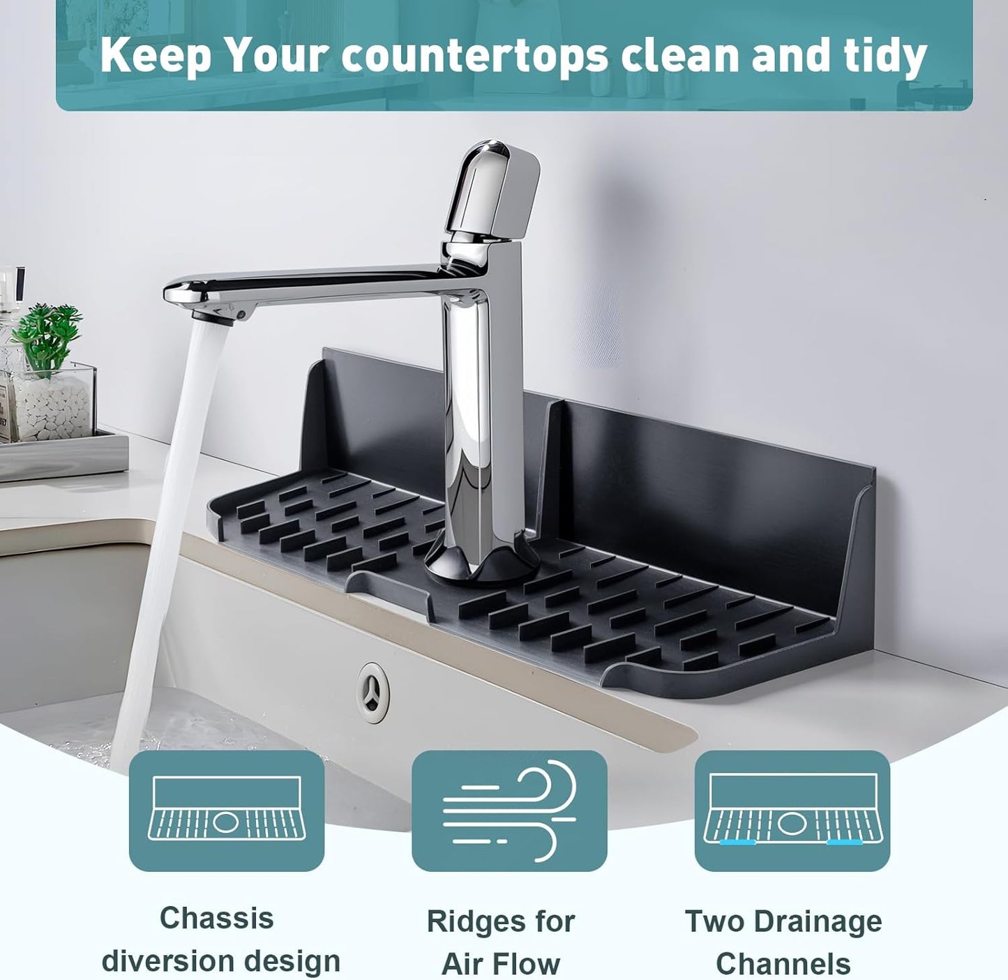 Silicone Kitchen Sink auto Drain Organizer, Kitchen countertop and Sink Splash Guard.Kitchen Sponge Rack and organizing Shelf，Suitable for Cleaning Tools, dispensers, Bottles, Cups (Transparent)