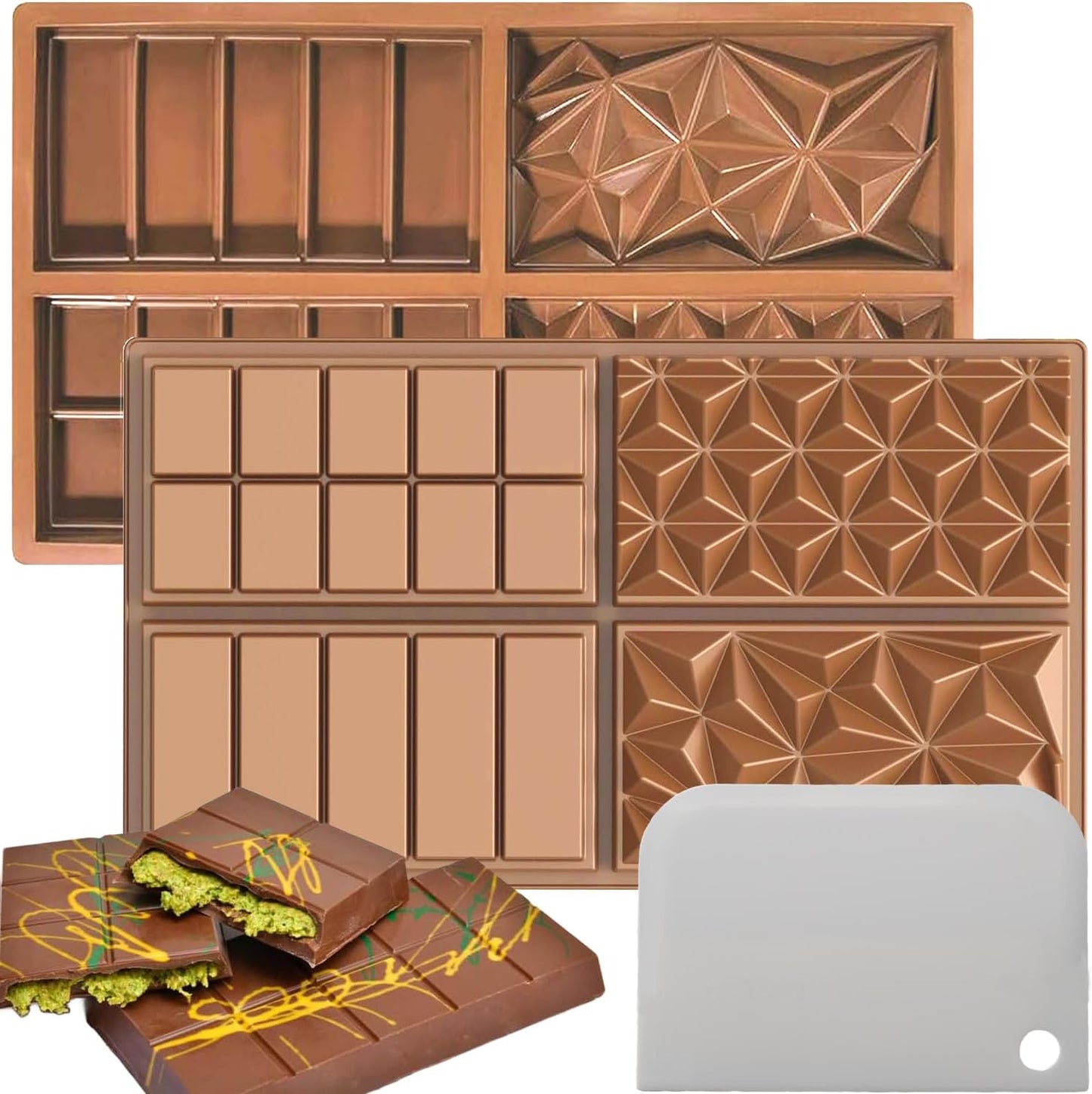 Deep Chocolate Molds Silicone - 4 Different Shapes,Dubai Chocolate Bar Mold,Homemade Candy Bar Baking Molds - Set of 2