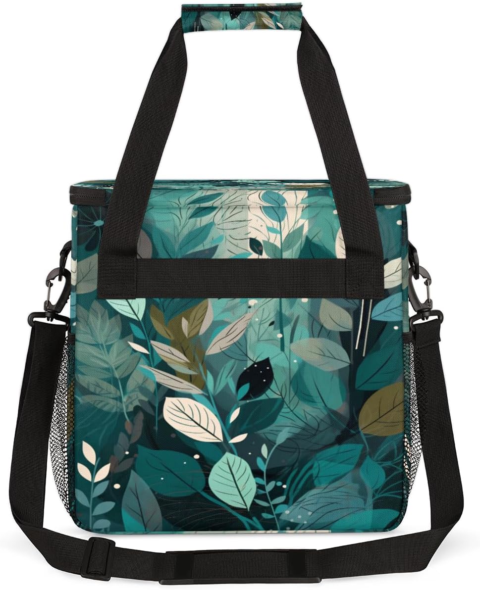 Turquoise Teal Leaves Coffee Maker Carring Bag Travel Carrying Storage Tote Bag Compatible with Keurig K-Mini or K-Mini Plus Portable Single Serve Coffee Brewer Case with Pockets for K-cup Pad