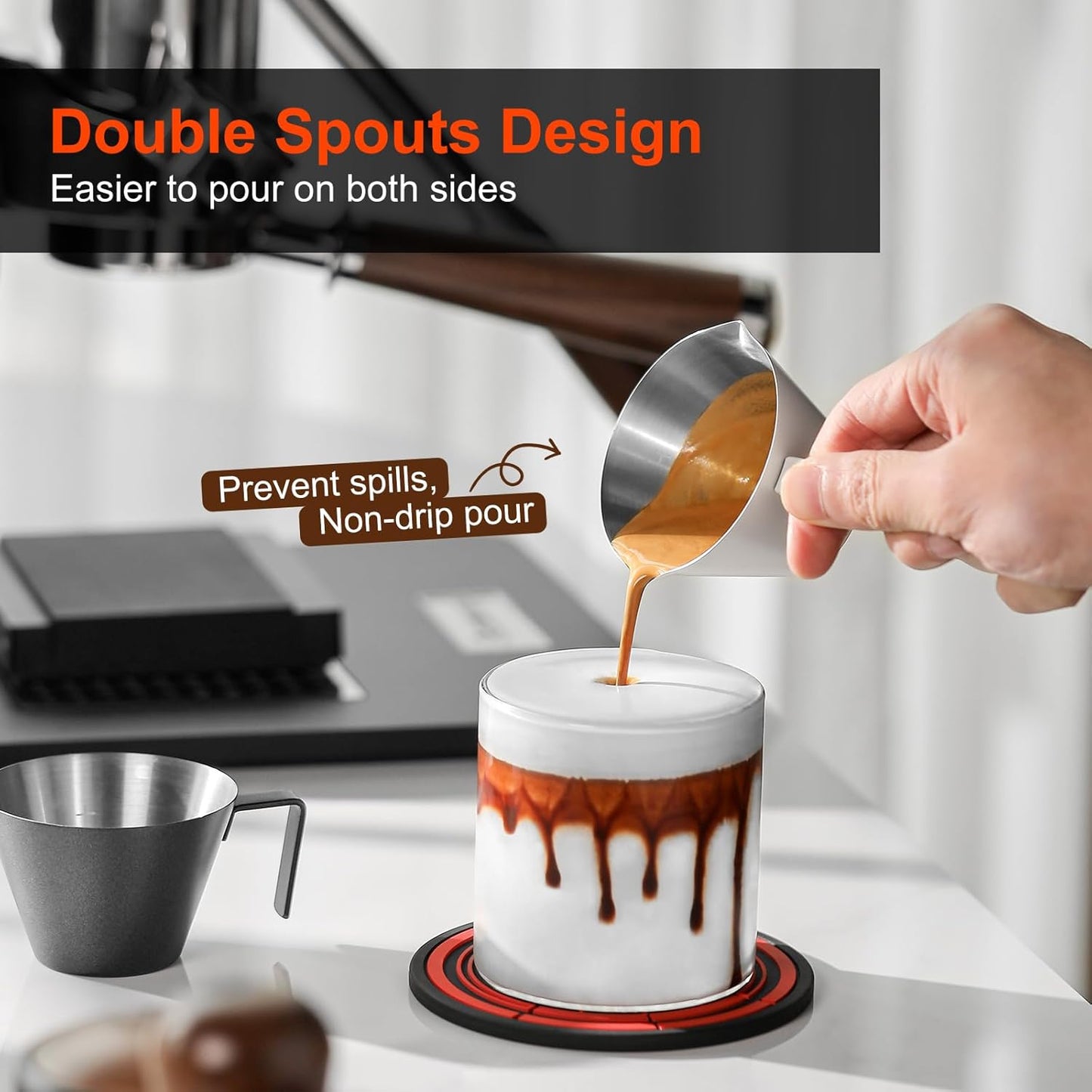 MHW-3BOMBER Espresso Measuring Cups 2Pcs with Handle, 1oz / 2oz / 3oz Double Spouts Stainless Steel Espresso Shot Cups with Scale, V-Shaped Mouth Espresso Pour Cup Glossy G6199BL-OS