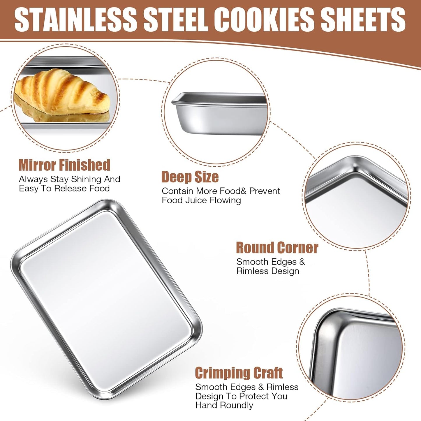 6 Pcs Baking Sheet Pan Set 9 x 6.7 x 1 inches Cookie Sheet Small Toaster Oven Pans Stainless Steel Tray Barbecue Grill Pan Rectangle Trays Oven, Non-stick, Easy Clean